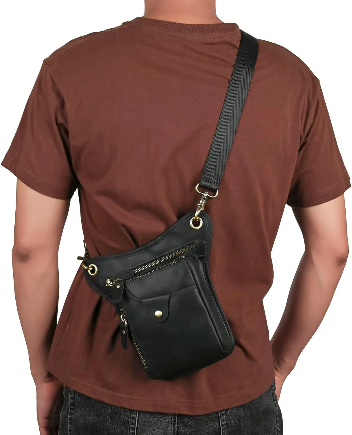 Le'aokuu Mens Genuine Leather Outdoor Sporting Hicking Waist Hip Pack Messenger Shoulder Drop Leg Thigh Bag Pouches For Women 211-5 01 Black 2
