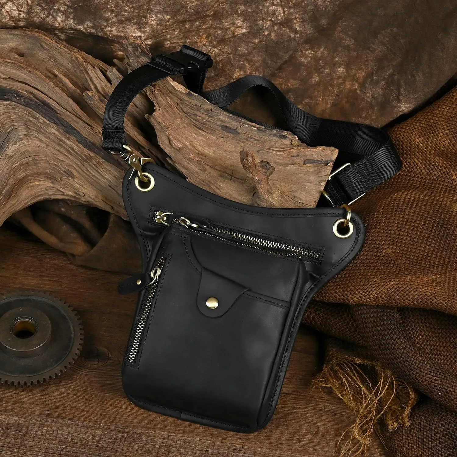 Le'aokuu Mens Genuine Leather Outdoor Sporting Hicking Waist Hip Pack Messenger Shoulder Drop Leg Thigh Bag Pouches For Women 211-5 01 Black 2