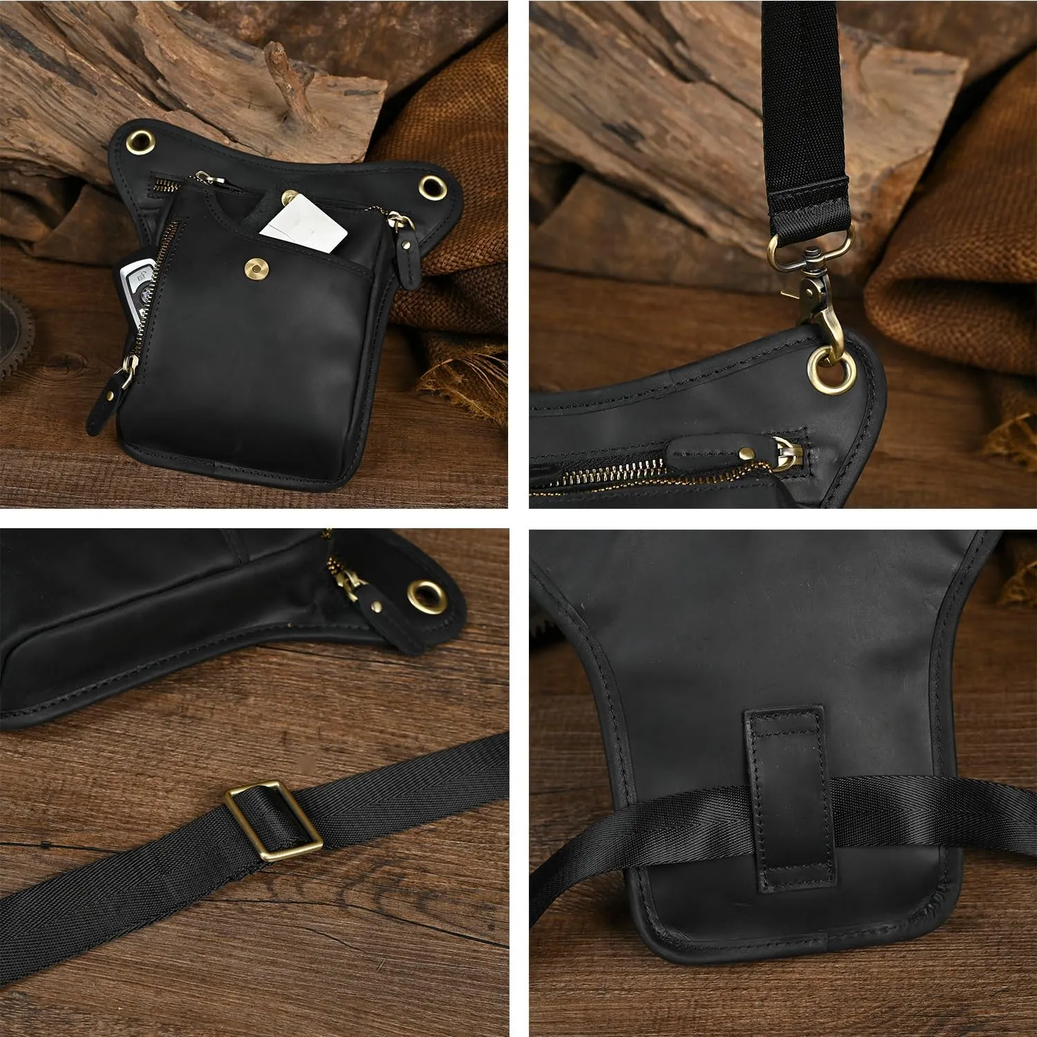 Le'aokuu Mens Genuine Leather Outdoor Sporting Hicking Waist Hip Pack Messenger Shoulder Drop Leg Thigh Bag Pouches For Women 211-5 01 Black 2