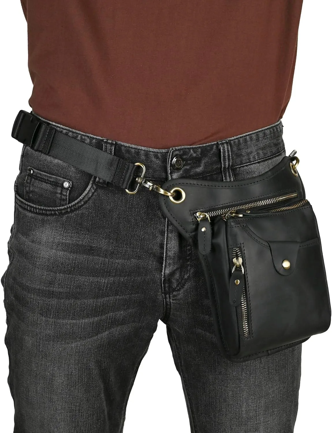 Le'aokuu Mens Genuine Leather Outdoor Sporting Hicking Waist Hip Pack Messenger Shoulder Drop Leg Thigh Bag Pouches For Women 211-5 01 Black 2