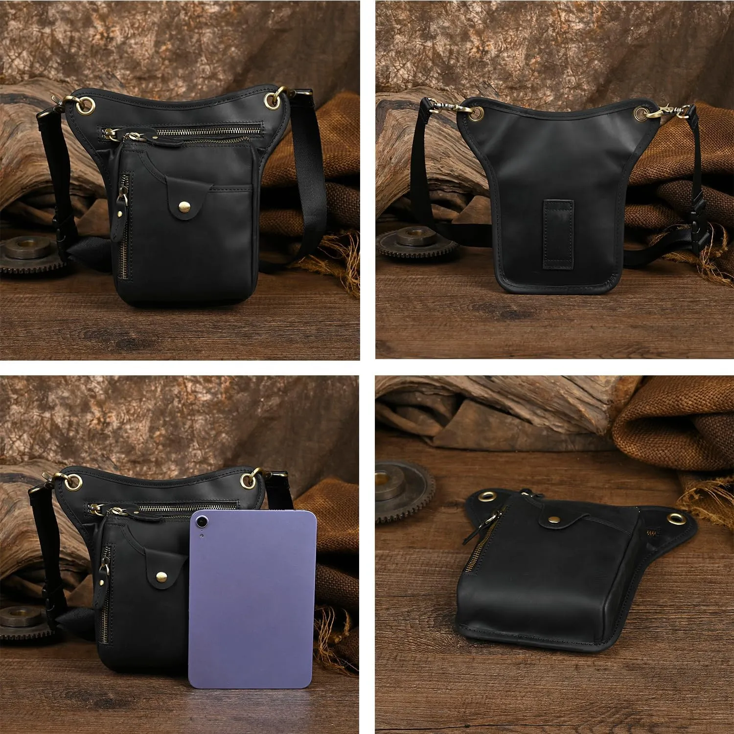 Le'aokuu Mens Genuine Leather Outdoor Sporting Hicking Waist Hip Pack Messenger Shoulder Drop Leg Thigh Bag Pouches For Women 211-5 01 Black 2