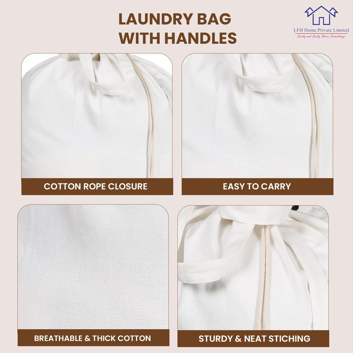 LFH Home Cotton Canvas Extra Large Laundry Bag with Handle, Stylish Drawstring Heavy Duty Laundry Bags For Travel, Home, Hotel, College Dorm and Camp Storage Bag 24x36 Inch, Machine Washable - White