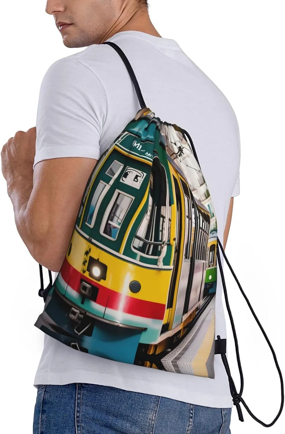 lisbon tram print Sports Drawstring Backpack String Swim Gym Bag for Women and Men Small Gym Bag