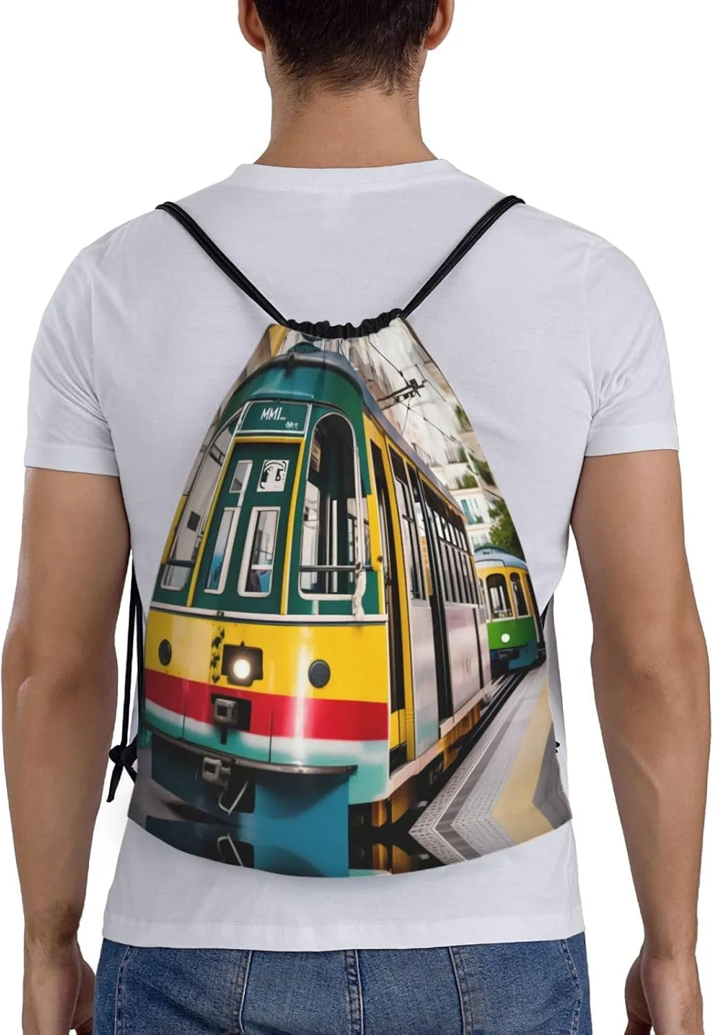 lisbon tram print Sports Drawstring Backpack String Swim Gym Bag for Women and Men Small Gym Bag