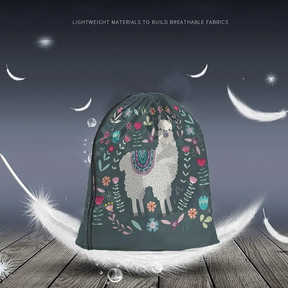 Llama Drawstring Bags Backpack Bag Cute Llama Cartoon Animal Alpaca Little Floral Hand Drawing Boho Design Sport Gym Sack Drawstring Bag String Bag Yoga Bag for Men Women