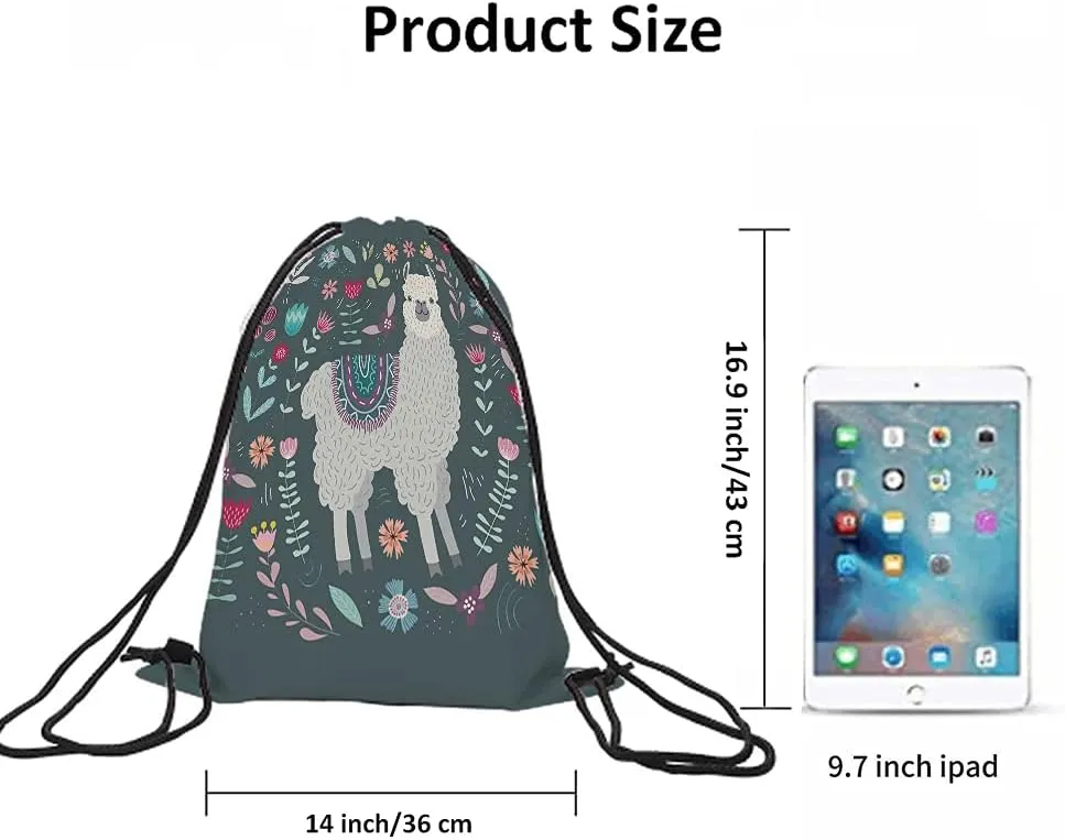 Llama Drawstring Bags Backpack Bag Cute Llama Cartoon Animal Alpaca Little Floral Hand Drawing Boho Design Sport Gym Sack Drawstring Bag String Bag Yoga Bag for Men Women