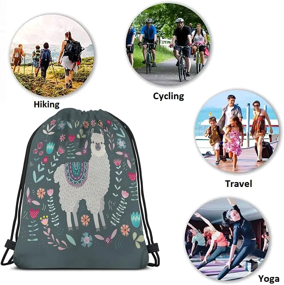 Llama Drawstring Bags Backpack Bag Cute Llama Cartoon Animal Alpaca Little Floral Hand Drawing Boho Design Sport Gym Sack Drawstring Bag String Bag Yoga Bag for Men Women