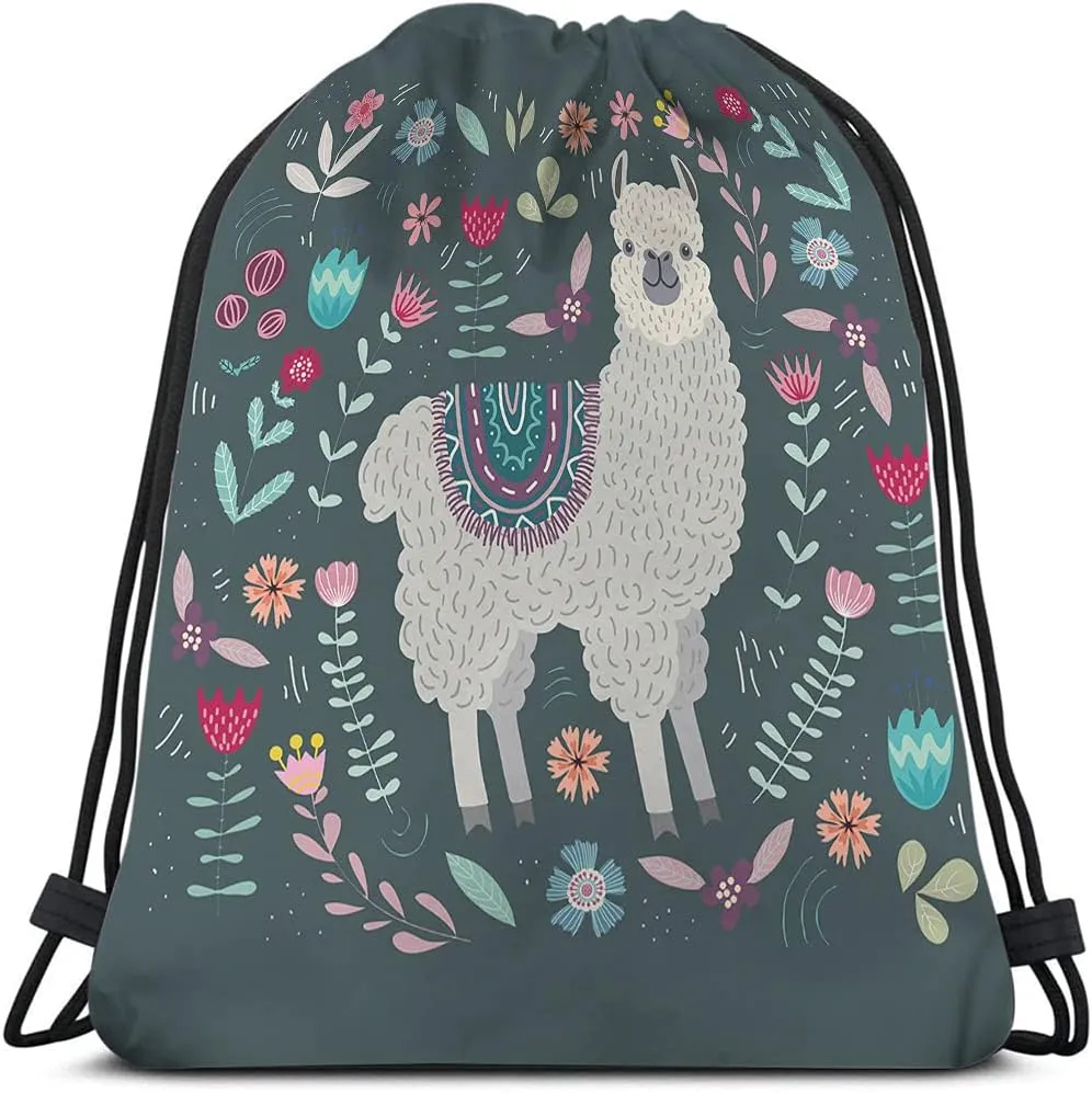 Llama Drawstring Bags Backpack Bag Cute Llama Cartoon Animal Alpaca Little Floral Hand Drawing Boho Design Sport Gym Sack Drawstring Bag String Bag Yoga Bag for Men Women