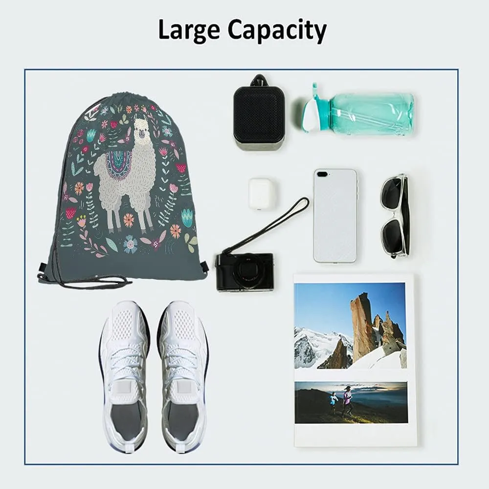 Llama Drawstring Bags Backpack Bag Cute Llama Cartoon Animal Alpaca Little Floral Hand Drawing Boho Design Sport Gym Sack Drawstring Bag String Bag Yoga Bag for Men Women