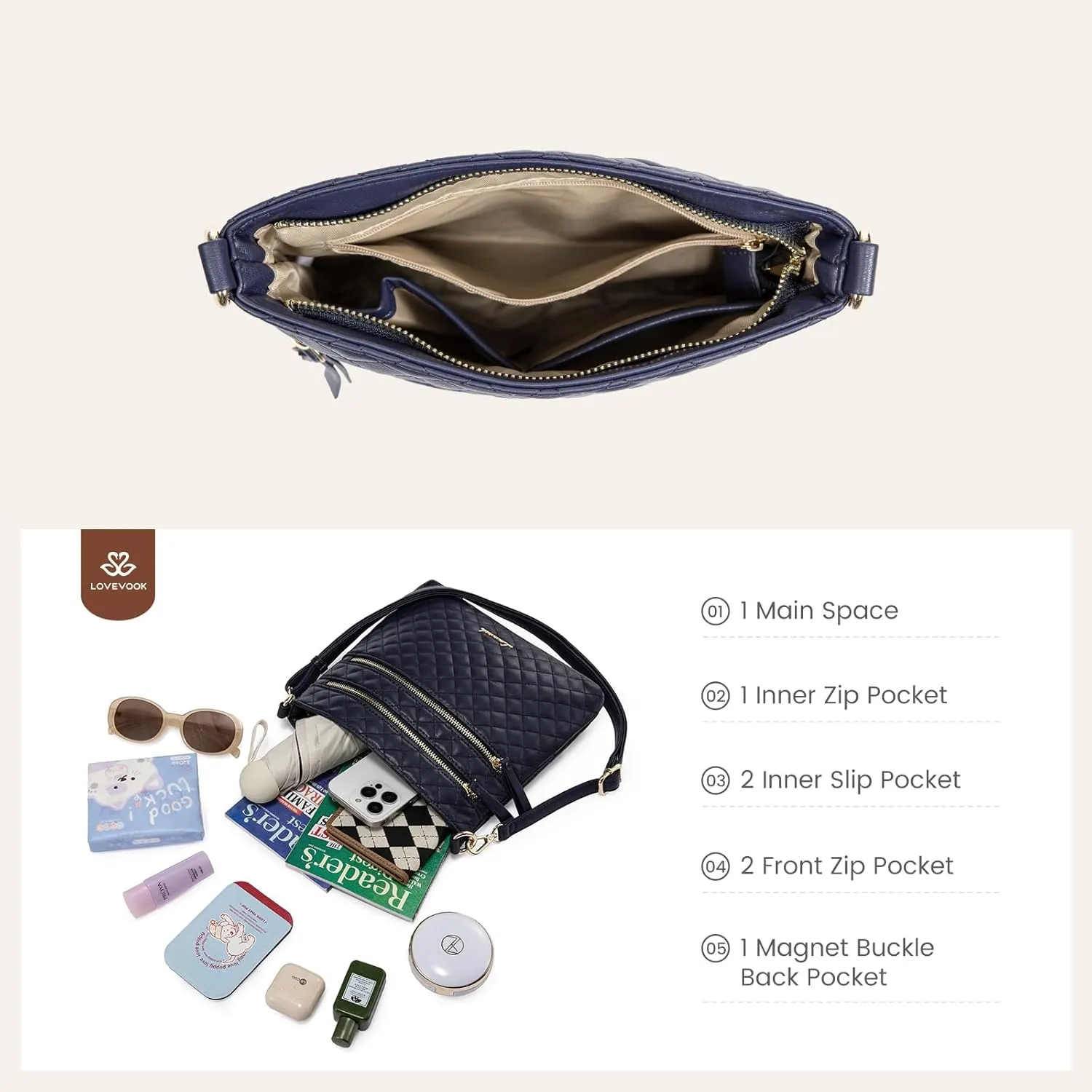 LOVEVOOK Crossbody Purses for Women, Multi Pocket Casual Crossbody Bag, Medium Shoulder Bag Vegan Leather Handbags