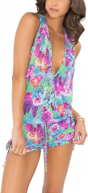 Luli Fama Women's Standard Pequeno Paraiso Ruffle Trim T-Back Romper