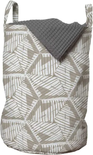Lunarable Abstract Laundry Bag, Prehistoric Inspired Hexagons Lines Art Calm Earthy Tones Illustration, Hamper Basket with Handles Drawstring Closure for Laundromats, 13" x 19", Dark Eggshell Dark Tan
