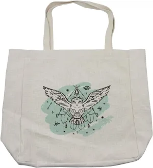 Lunarable Bohemian Stars Shopping Bag, Wisdom Fantasy Bird White Owl and Stars Pattern Graphic, Eco-Friendly Reusable Bag for Groceries Beach and More, 15.5" X 14.5", Cream