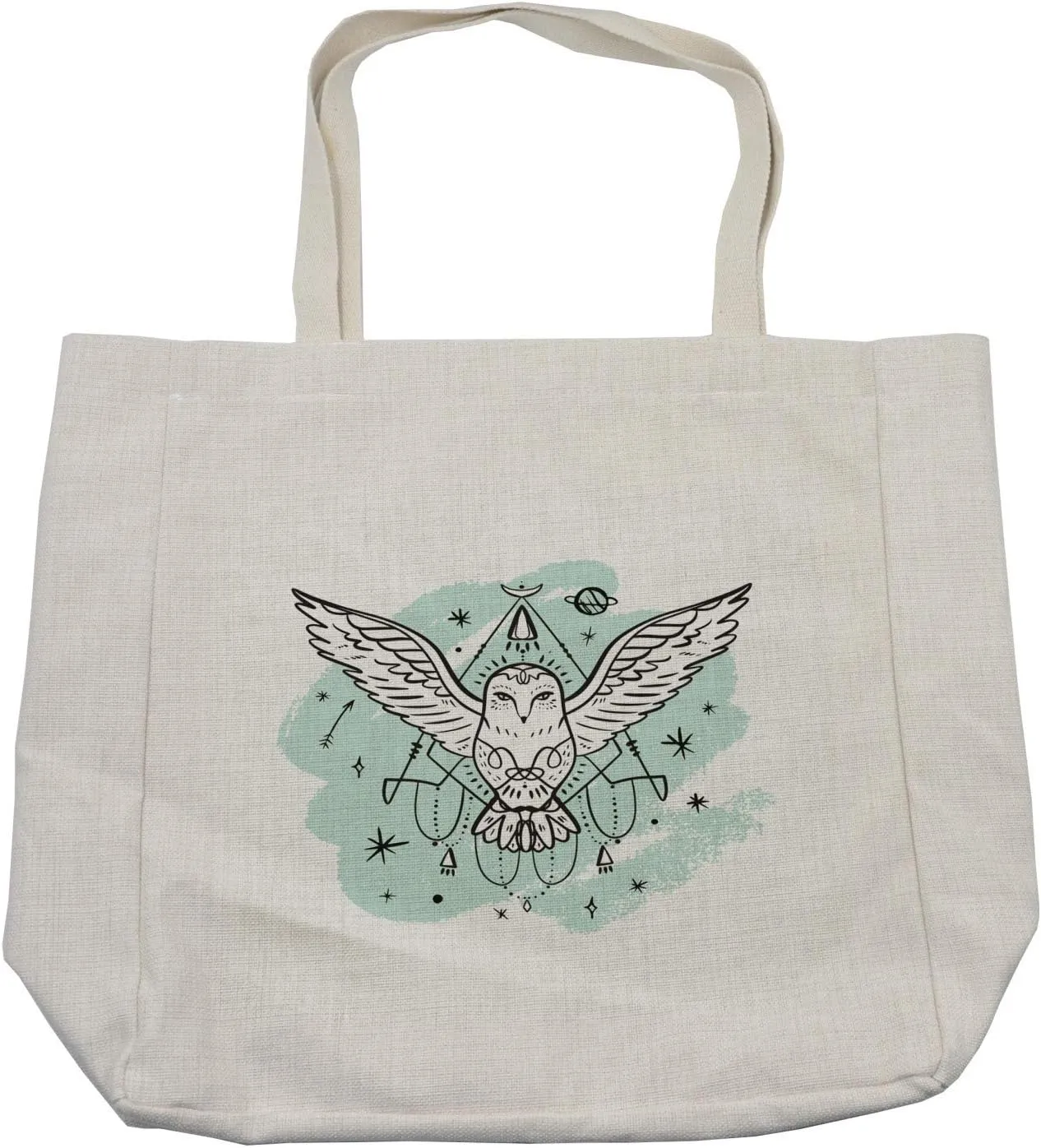Lunarable Bohemian Stars Shopping Bag, Wisdom Fantasy Bird White Owl and Stars Pattern Graphic, Eco-Friendly Reusable Bag for Groceries Beach and More, 15.5" X 14.5", Cream