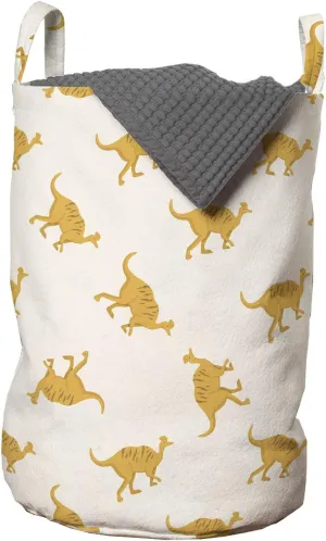 Lunarable Dinosaur Laundry Bag, Prehistoric Herbivorous Animal Pattern in Earthy Tones Cartoon Design, Hamper Basket with Handles Drawstring Closure for Laundromats, 13" x 19", Pale Coffee Brown Beige