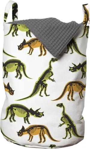 Lunarable Dinosaur Laundry Bag, Prehistoric Monsters Jurassic Period Reptiles, Hamper Basket with Handles Drawstring Closure for Laundromats, 13" x 19", Orange White Olive Green
