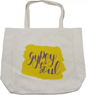 Lunarable Gypsy Soul Shopping Bag, Bicolour Modern Typography of Bohemian Theme Hippie Words, Eco-Friendly Reusable Bag for Groceries Beach and More, 15.5" X 14.5", Cream