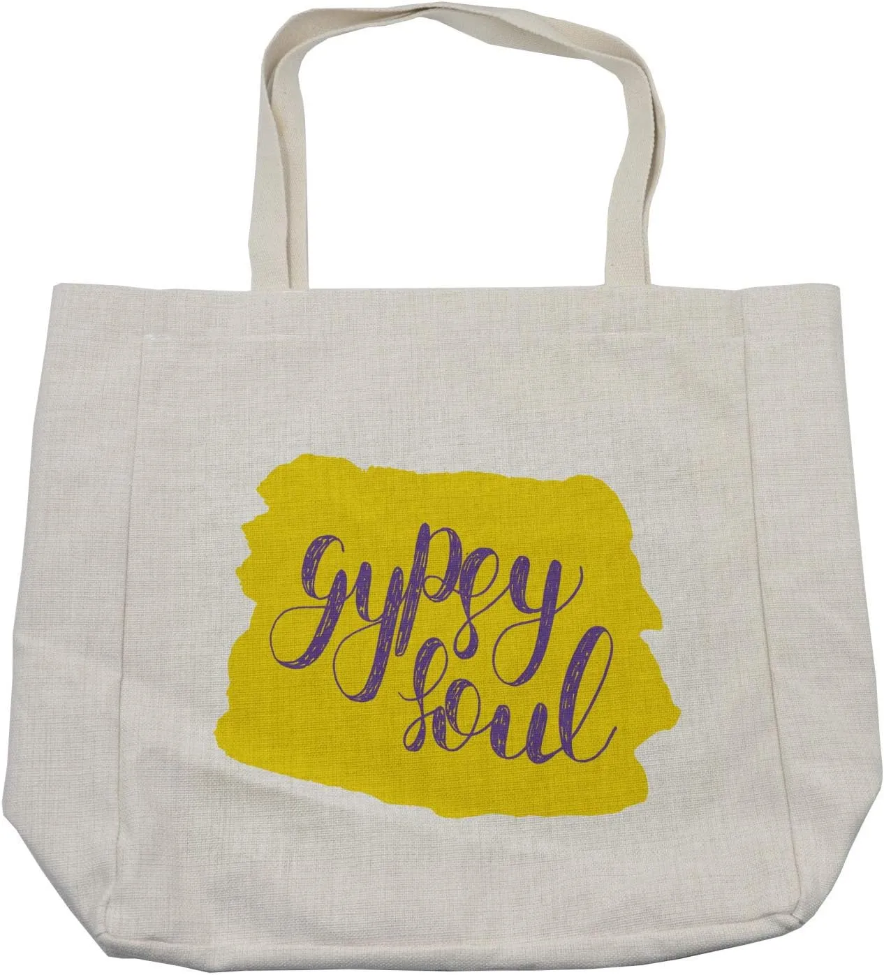 Lunarable Gypsy Soul Shopping Bag, Bicolour Modern Typography of Bohemian Theme Hippie Words, Eco-Friendly Reusable Bag for Groceries Beach and More, 15.5" X 14.5", Cream
