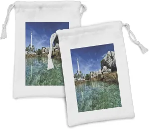 Lunarable Lighthouse Fabric Pouch Set of 2, Lighthouse Clear Water Palm Trees Summer Sky Rocky Shoreline Seascape, Small Drawstring Bag for Toiletries Masks and Favors, 9" x 6", Teal Blue Grey