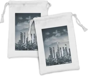 Lunarable Night Fabric Pouch Set of 2, Urban Themed Los Angeles United States Skyline at Night Skyscrapers Digital Artwork, Small Drawstring Bag for Toiletries Masks and Favors, 9" x 6", Dark Green