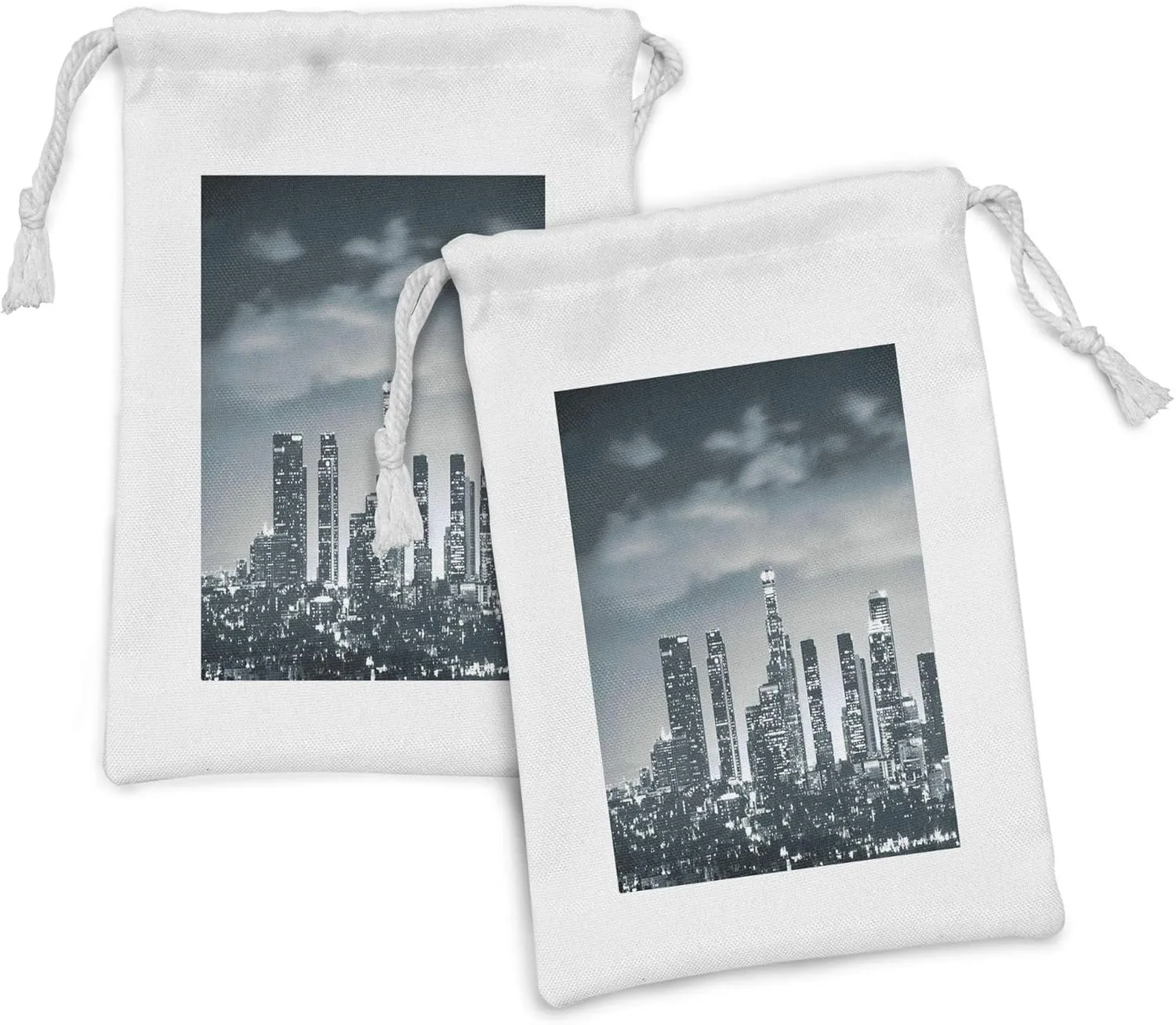 Lunarable Night Fabric Pouch Set of 2, Urban Themed Los Angeles United States Skyline at Night Skyscrapers Digital Artwork, Small Drawstring Bag for Toiletries Masks and Favors, 9" x 6", Dark Green