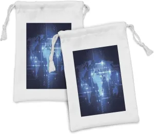 Lunarable Science Fabric Pouch Set of 2, Global Intercontinental Tech Network Advancement in Science Concept Arrows, Small Drawstring Bag for Toiletries Masks and Favors, 9" x 6", Dark Blue and Aqua