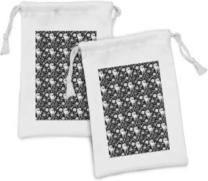 Lunarable Unicorn Fabric Pouch Set of 2, Art Deco Style Pony with Mane Flowers Curvy Leaves Ornaments Illustration, Small Drawstring Bag for Toiletries Masks and Favors, 9" x 6", Charcoal Grey White