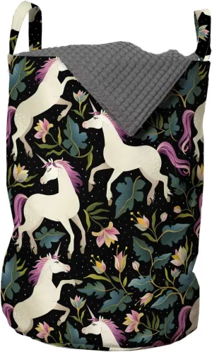 Lunarable Unicorn Laundry Bag, Repetitive Fantasy Horse with Mane and Horn Flowers Stars Pattern, Hamper Basket with Handles Drawstring Closure for Laundromats, 13" x 19", Charcoal Grey and Multicolor