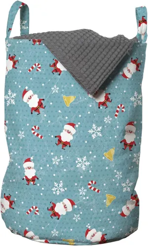 Lunarable Winter Laundry Bag, Little Santa Claus Drawing with Sugar Canes Polka Dot Background Art, Hamper Basket with Handles Drawstring Closure for Laundromats, 13" x 19", Sky Blue Scarlet and White