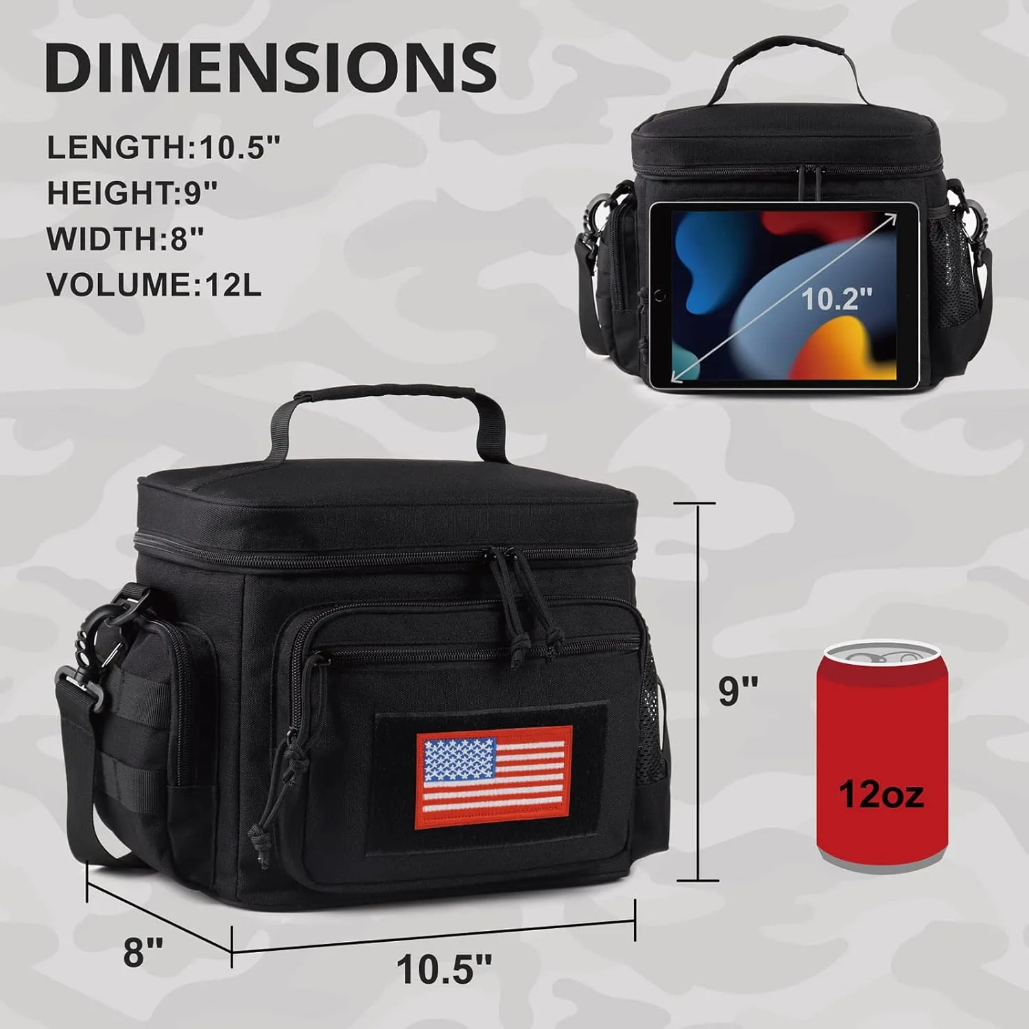 Lunch Box for Men, Tactical Lunch Bag MOLLE Webbing Leakproof Insulated Large Lunch Cooler Women Adult Meal with Adjustable Shoulder Strap Durable Lunch Pail(Black)