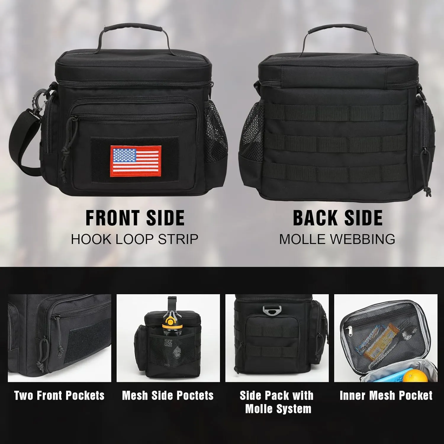 Lunch Box for Men, Tactical Lunch Bag MOLLE Webbing Leakproof Insulated Large Lunch Cooler Women Adult Meal with Adjustable Shoulder Strap Durable Lunch Pail(Black)