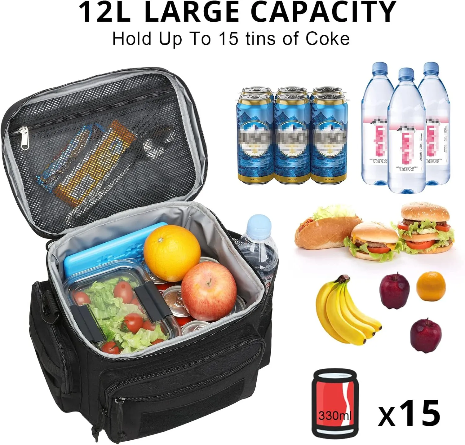 Lunch Box for Men, Tactical Lunch Bag MOLLE Webbing Leakproof Insulated Large Lunch Cooler Women Adult Meal with Adjustable Shoulder Strap Durable Lunch Pail(Black)
