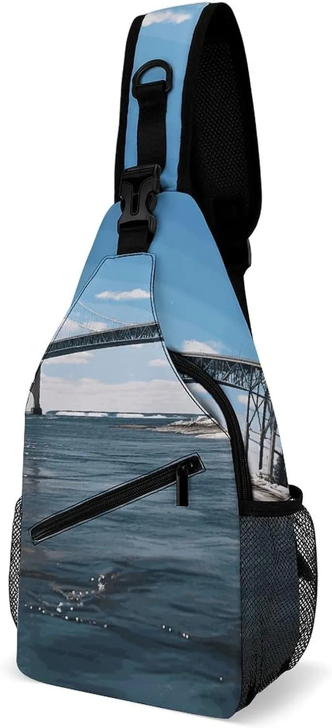 Mackinac Suspension Bridge Sling Bag for Men Women Waterproof Chest Bag Print Cross Chest Bag Diagonally Gym Sport Travel Hiking Daypack