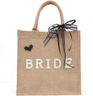 MADENG Wedding Bridal Bag - Jute Bridal Handbag, Ribbon Bridal Gift Bag, Canvas Handbag, Bohemian Bag Love