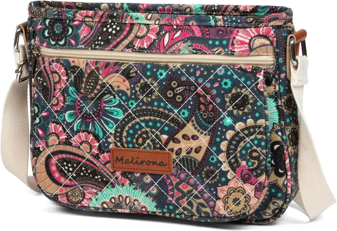 Malirona Women 's Durable Floral Crossbody Bag Canvas Messenger Handbag Multi Pocket Travel Satchel Purse