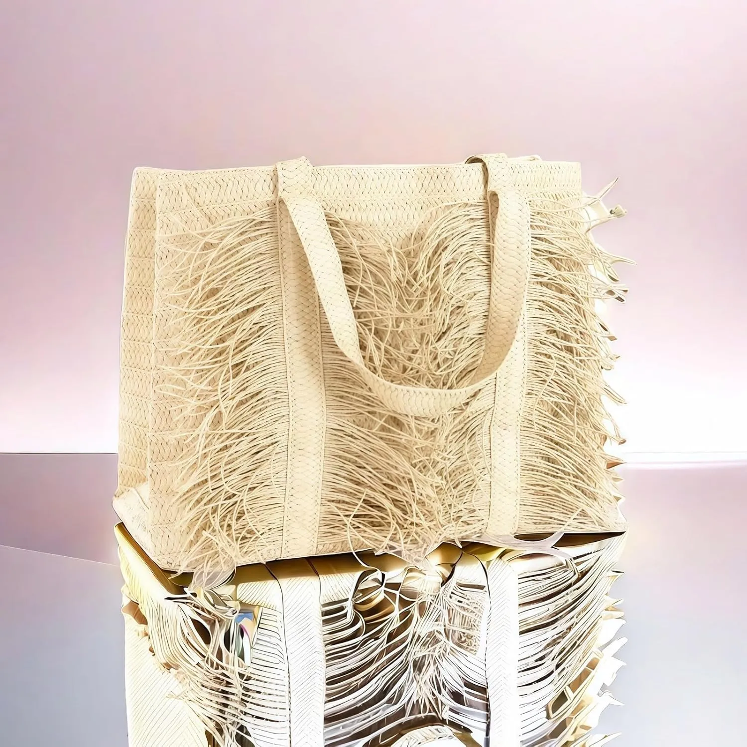 Manual Women's WovenBag Tassel Paper Woven Bag Summer Beach Straw Tote Bag