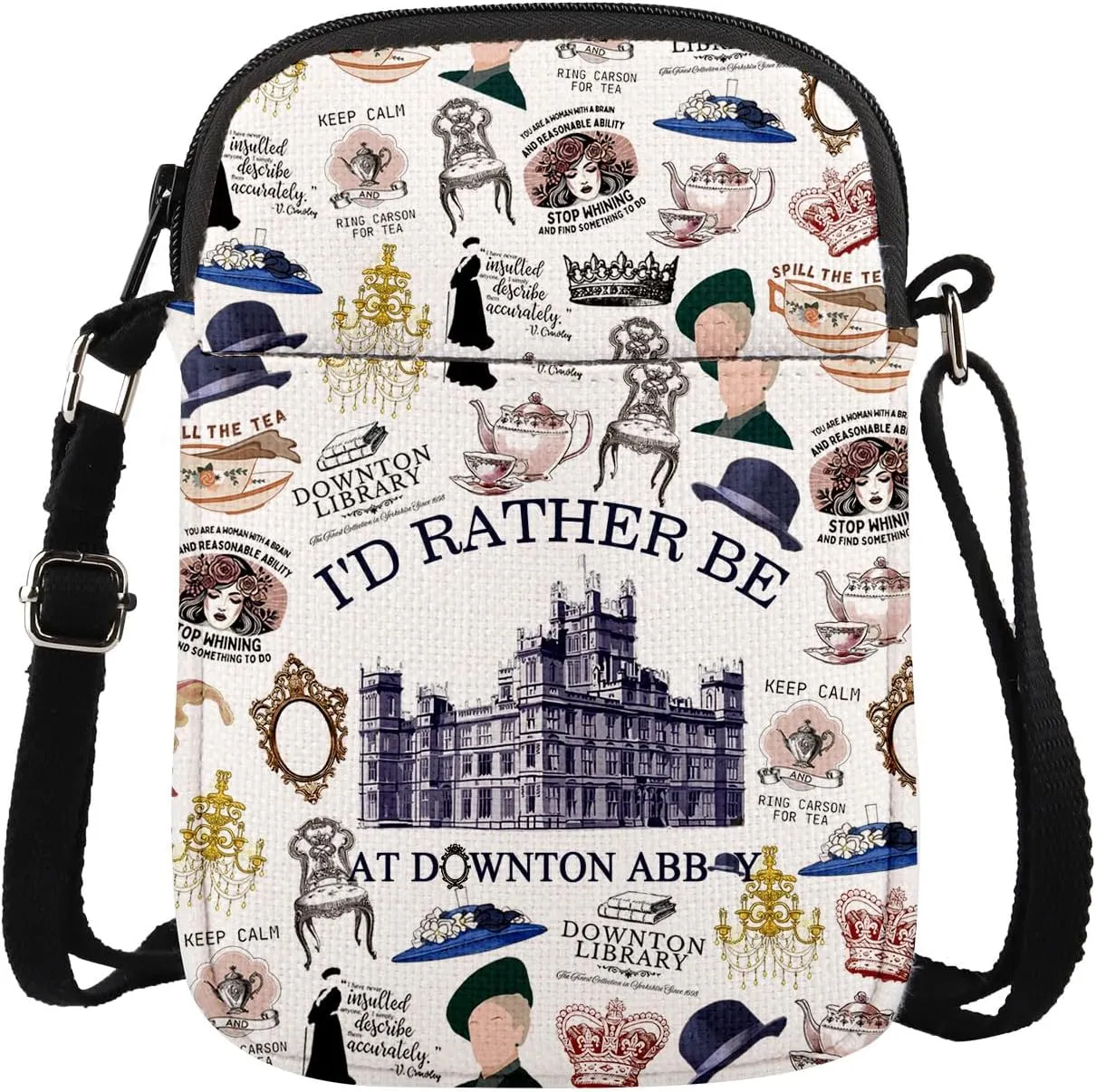 MAOFAED British Movie Inspired Crossbody Bag for Fans, Downton Library, I Never Argue I Explain, Grantham Tea House