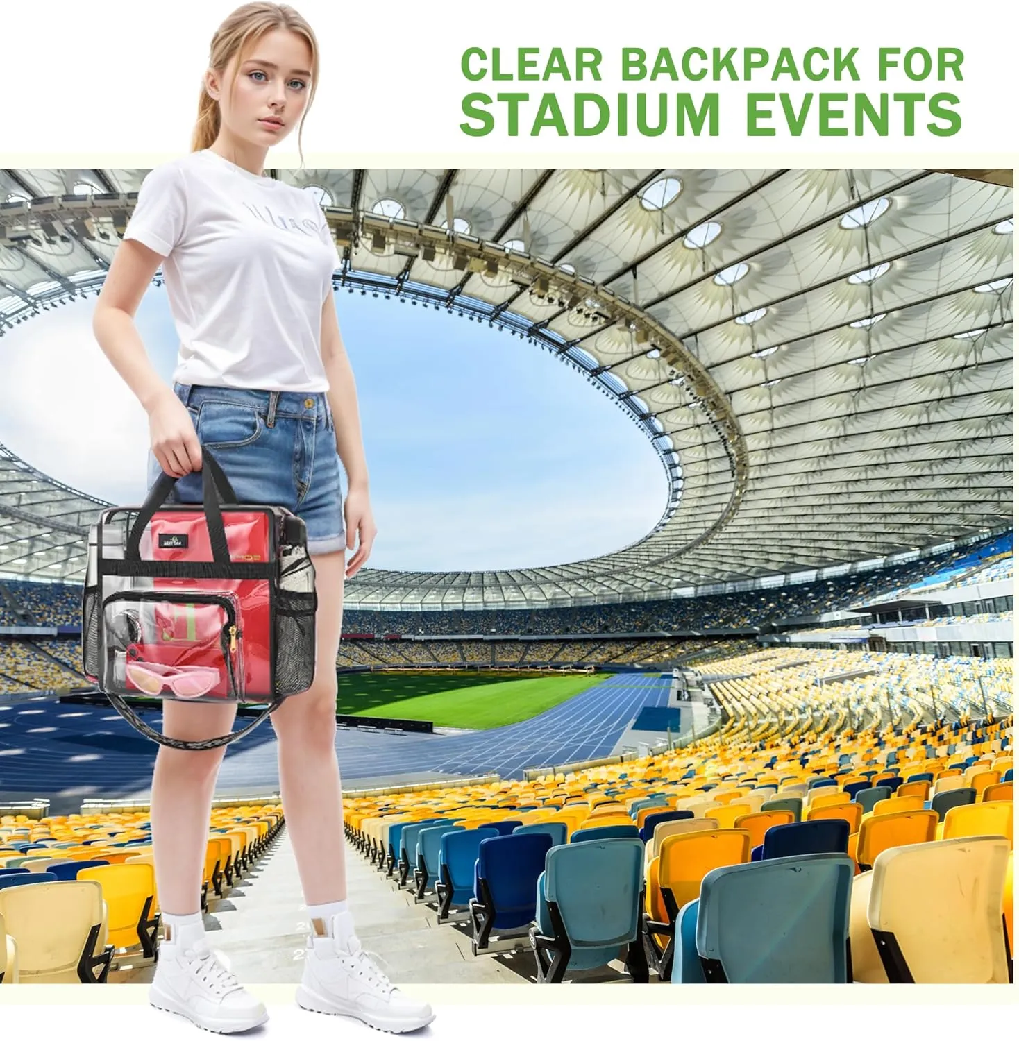 MAY TREE Clear Bag for Stadium Events, 12x6x12 Clear Tote Bag with Removable Strap, Transparent Bag for Concert Sports Festival, Cow-Strap