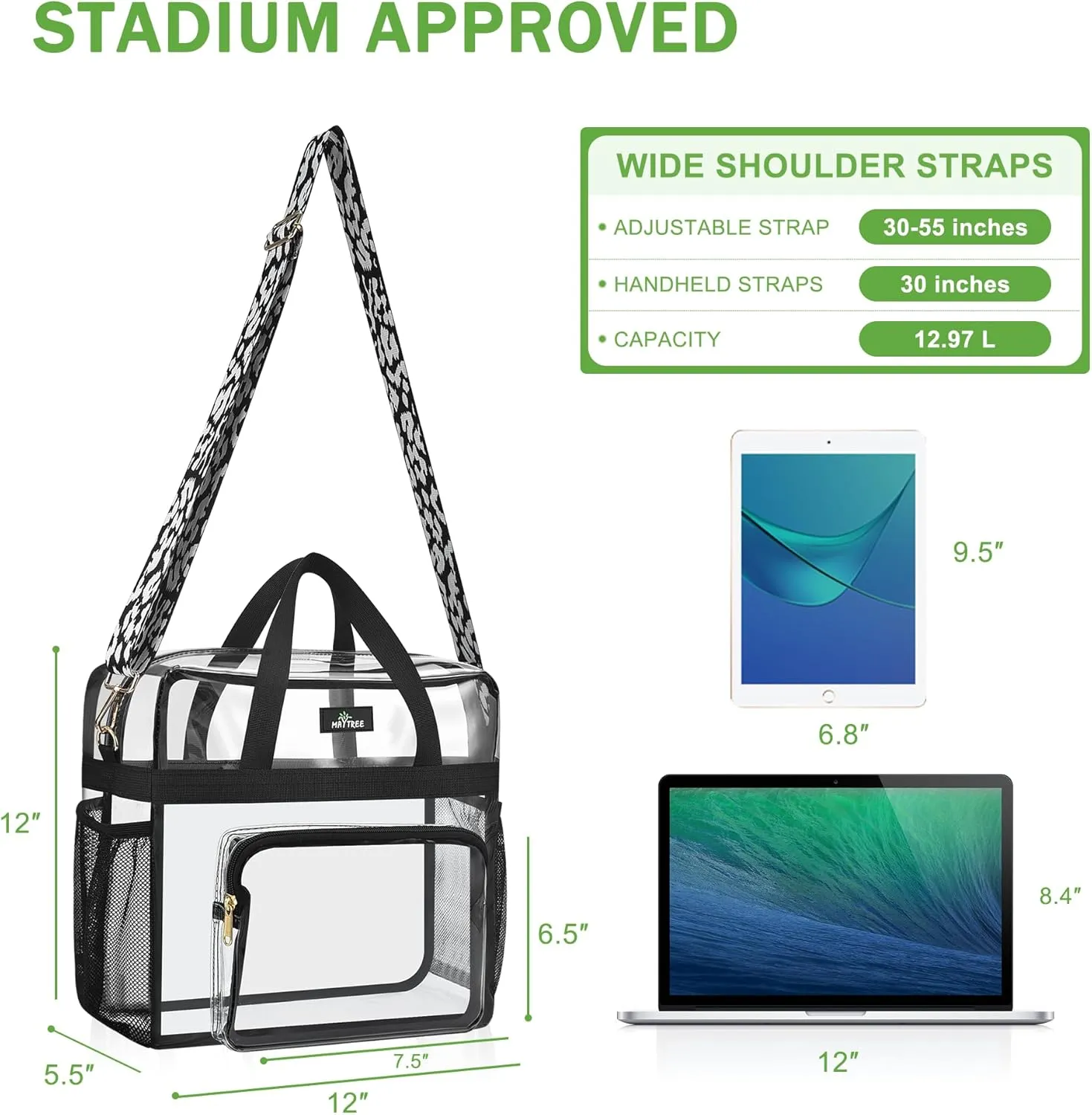 MAY TREE Clear Bag for Stadium Events, 12x6x12 Clear Tote Bag with Removable Strap, Transparent Bag for Concert Sports Festival, Cow-Strap