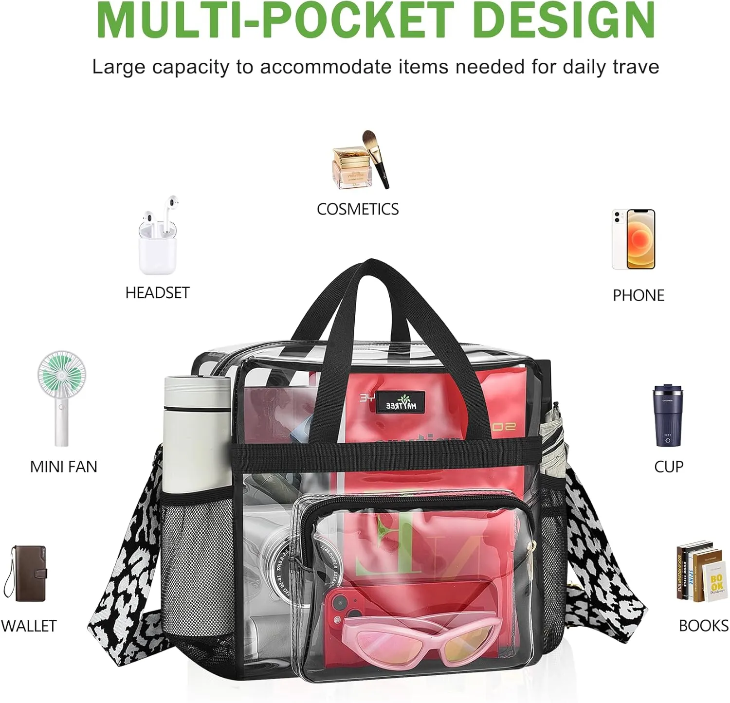 MAY TREE Clear Bag for Stadium Events, 12x6x12 Clear Tote Bag with Removable Strap, Transparent Bag for Concert Sports Festival, Cow-Strap