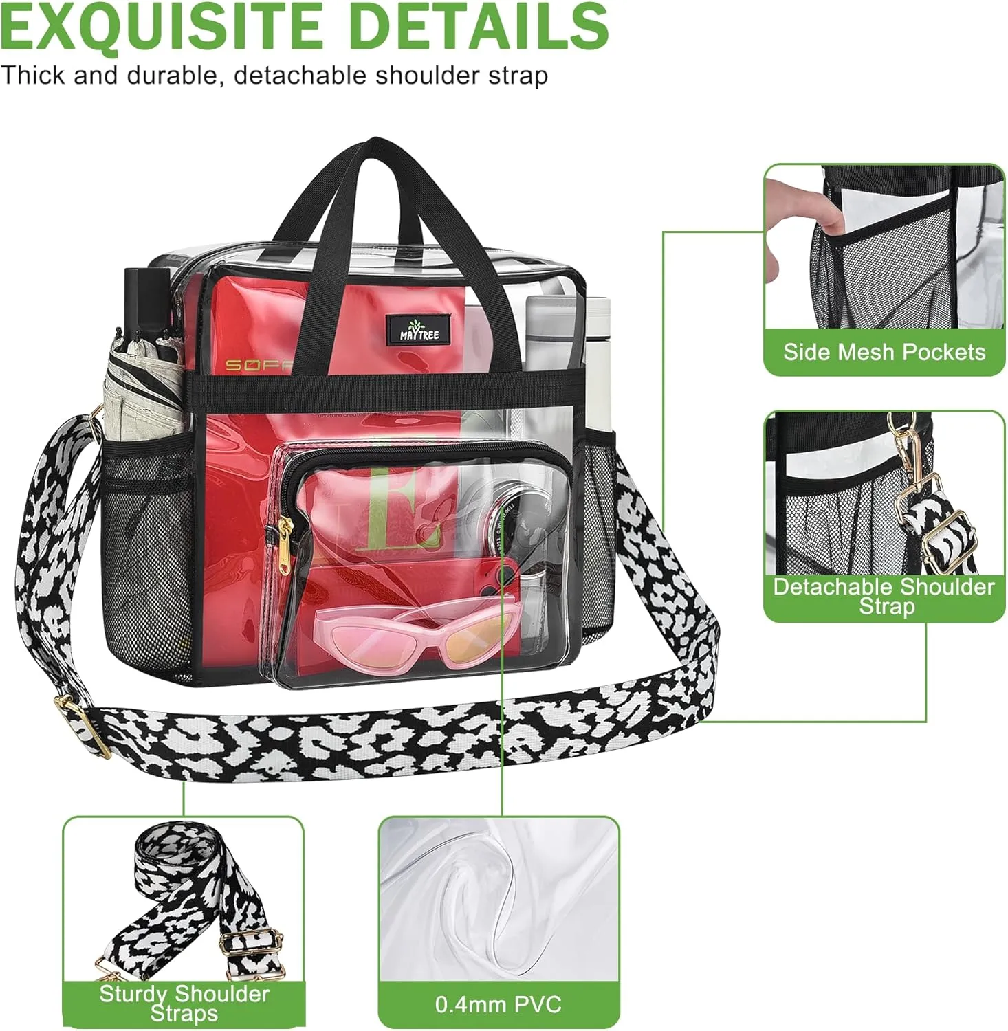 MAY TREE Clear Bag for Stadium Events, 12x6x12 Clear Tote Bag with Removable Strap, Transparent Bag for Concert Sports Festival, Cow-Strap