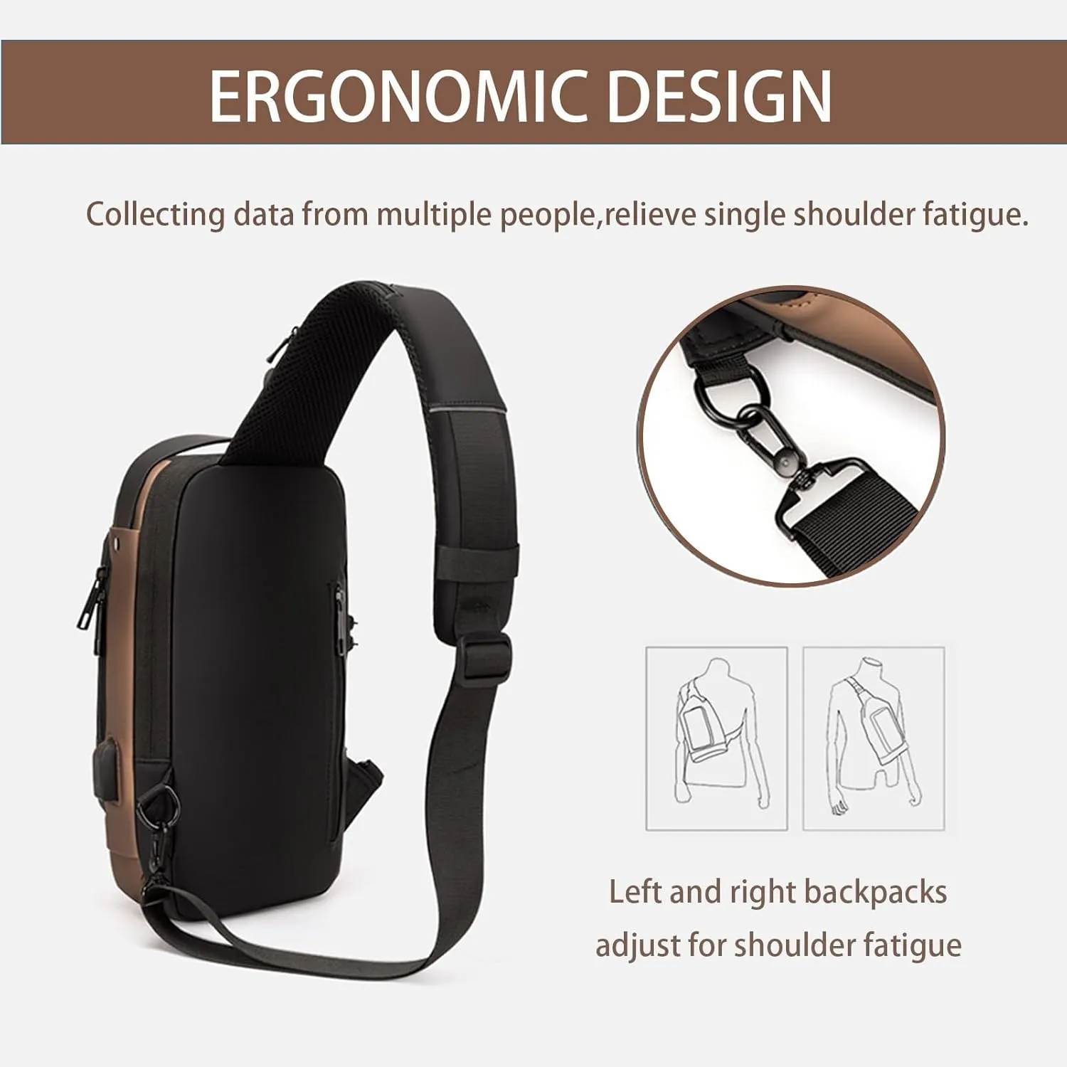 Men Crossbody Sling Bag Multipurpose Daypack with USB Lightweight Casual Shoulder Chest Bag Backpack For Hiking Travel (Black)