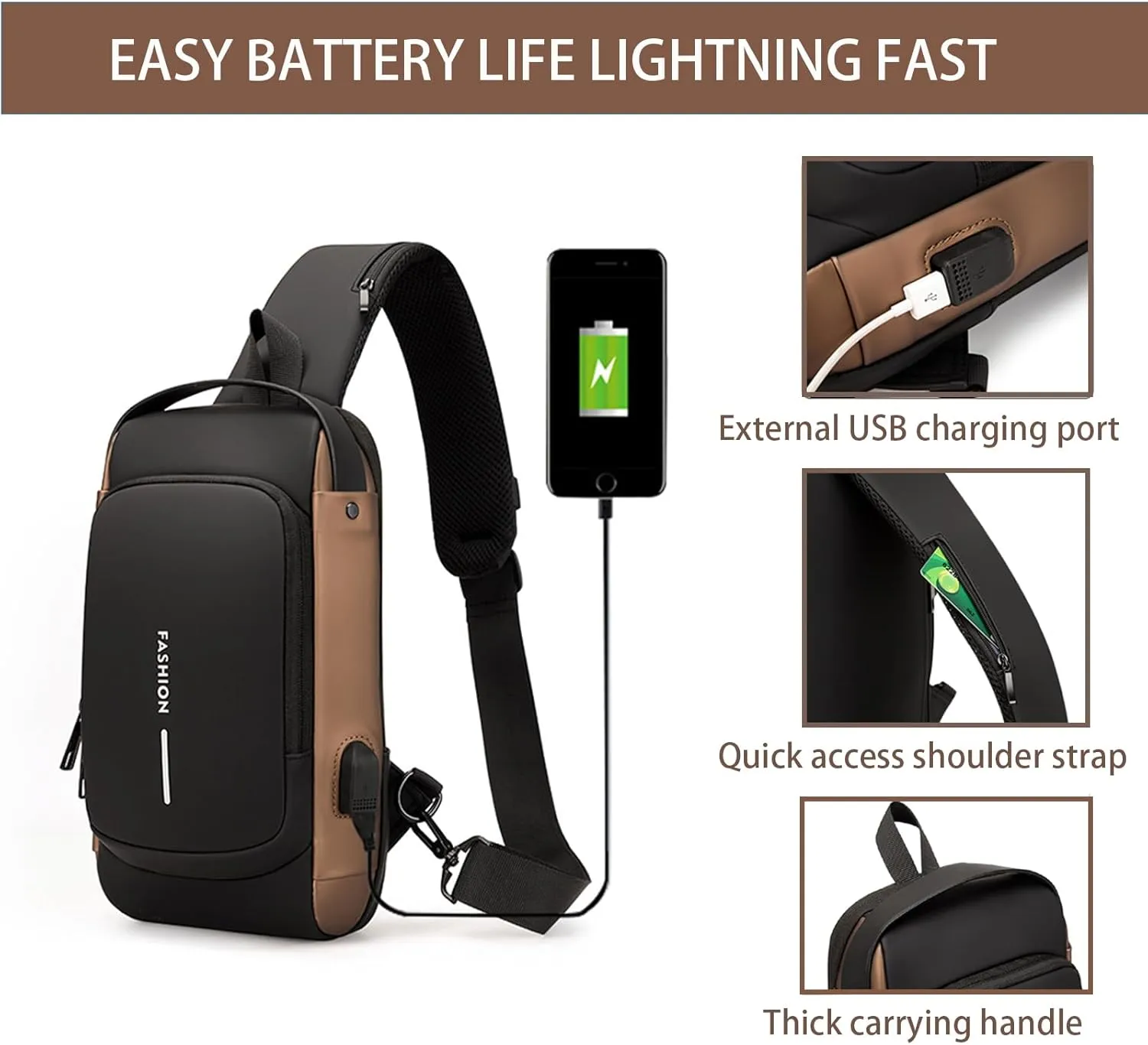 Men Crossbody Sling Bag Multipurpose Daypack with USB Lightweight Casual Shoulder Chest Bag Backpack For Hiking Travel (Black)