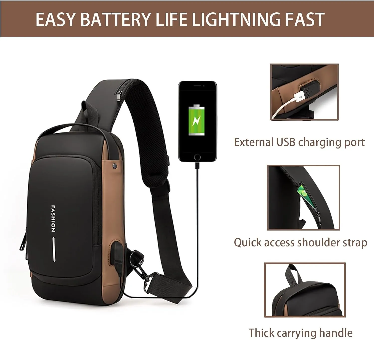 Men Crossbody Sling Bag Multipurpose Daypack with USB Lightweight Casual Shoulder Chest Bag Backpack For Hiking Travel (Blue Gold)