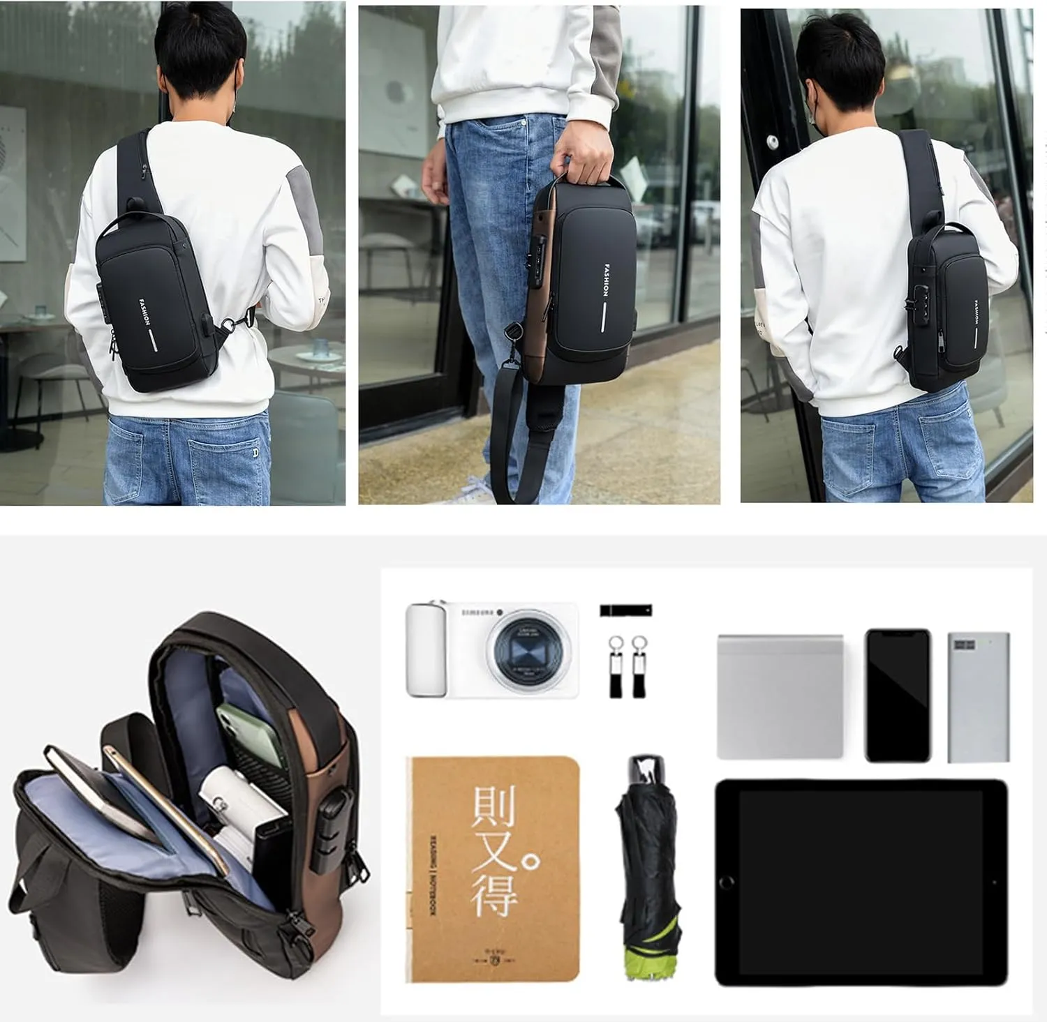 Men Crossbody Sling Bag Multipurpose Daypack with USB Lightweight Casual Shoulder Chest Bag Backpack For Hiking Travel (Blue Gold)