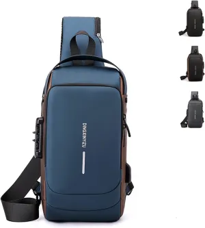 Men Crossbody Sling Bag Multipurpose Daypack with USB Lightweight Casual Shoulder Chest Bag Backpack For Hiking Travel (Blue Gold)