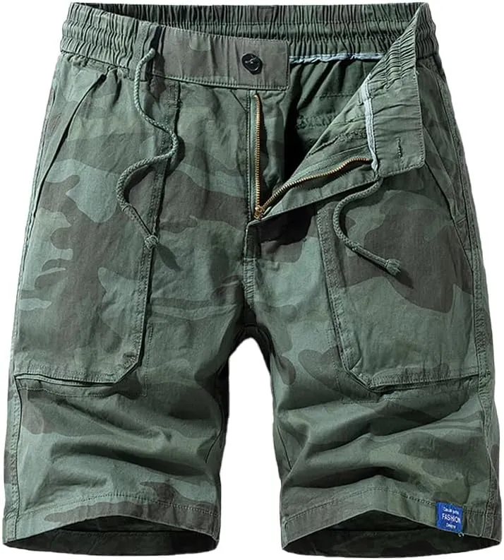 Men's Camouflage Tactical Cargo Shorts Summer Large Pockets Drawstring Cotton Hiking Shorts