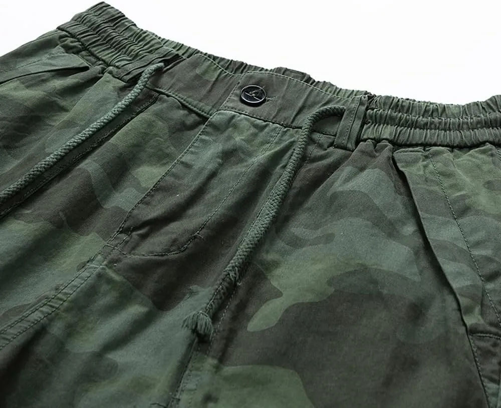 Men's Camouflage Tactical Cargo Shorts Summer Large Pockets Drawstring Cotton Hiking Shorts