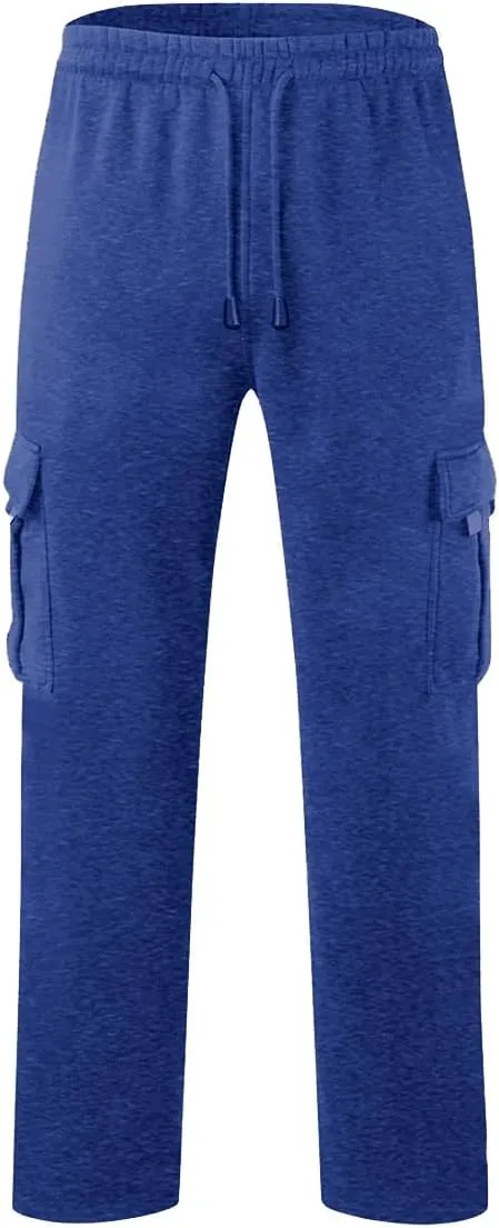 Men's Cargo Sweatpants Casual Fleece Joggers Loose Fit Open Bottom Athletic Pants for Men with Pockets