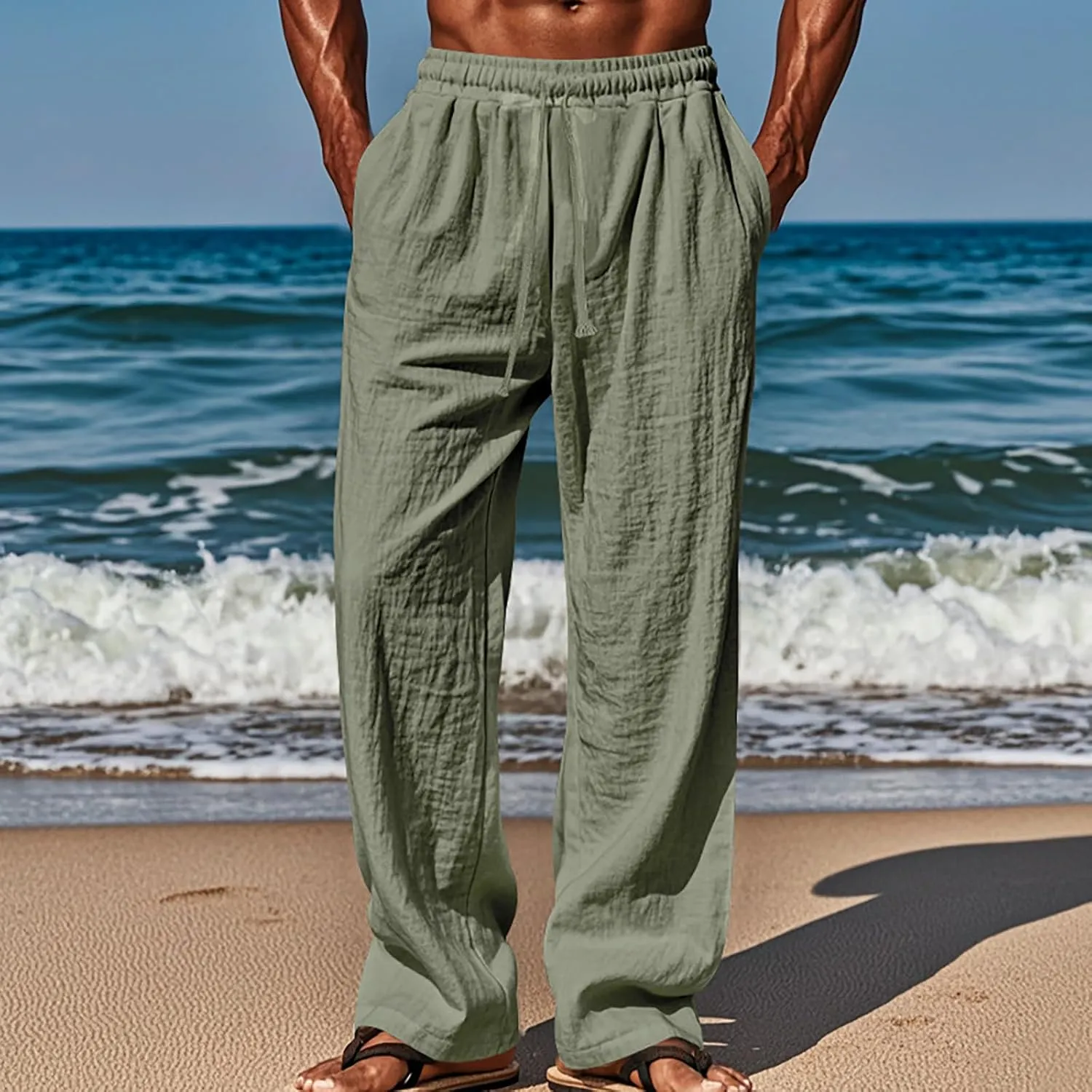 Men's Cotton Linen Pants Drawstring Pants with Pockets Elastic Waist Casual Jogger Yoga Pants Work Pants for Men